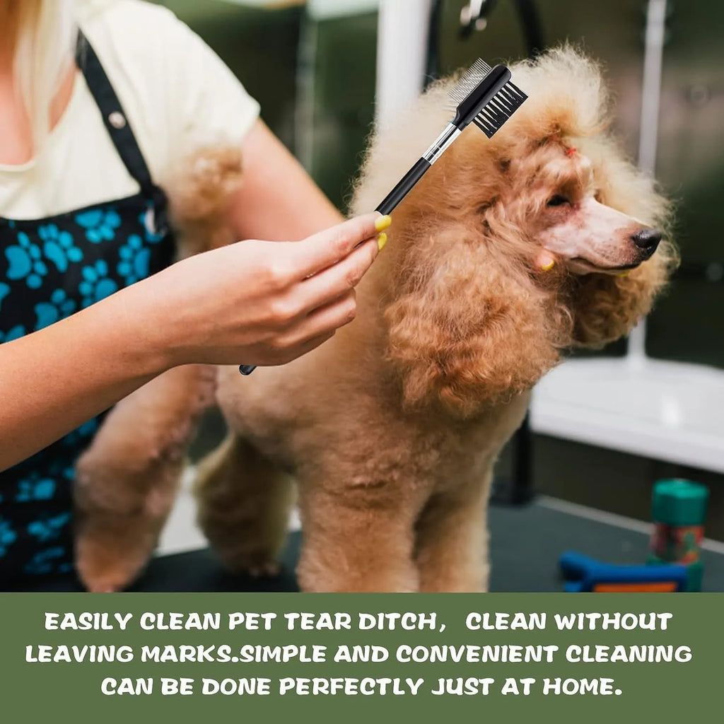 Double-head dog eye comb with black handle, steel teeth, and fibre side for tear stain removal