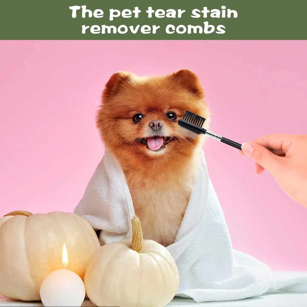Double-head dog eye comb with black handle, steel teeth, and fibre side for tear stain removal