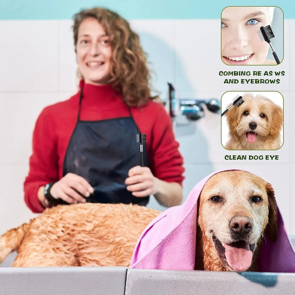 Double-head dog eye comb with black handle, steel teeth, and fibre side for tear stain removal