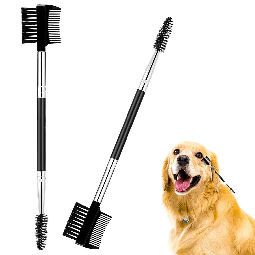 Double-head dog eye comb with black handle, steel teeth, and fibre side for tear stain removal