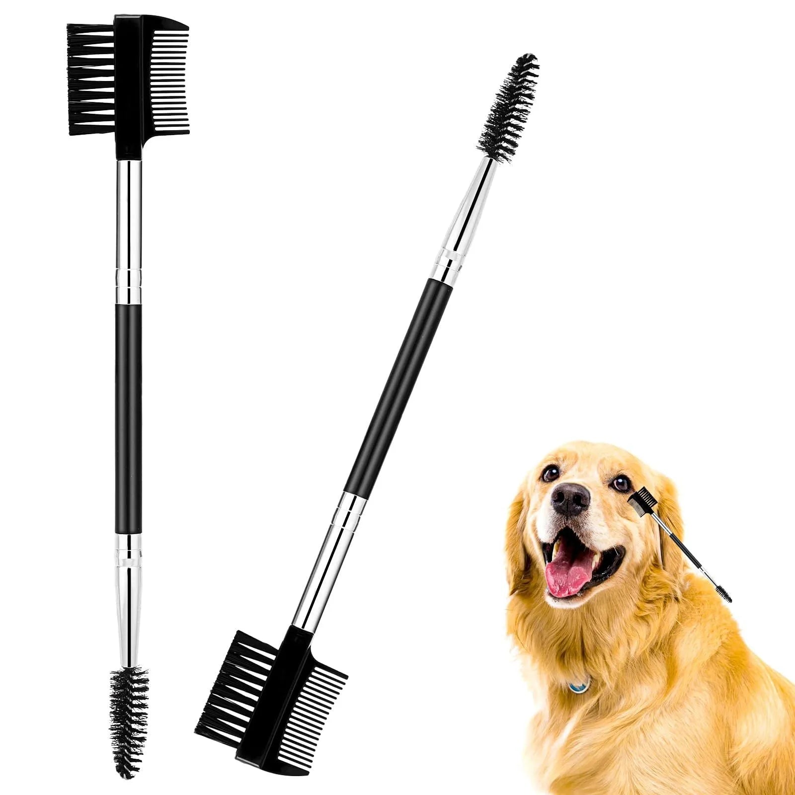 Double-head dog eye comb with black handle, steel teeth, and fibre side for tear stain removal
