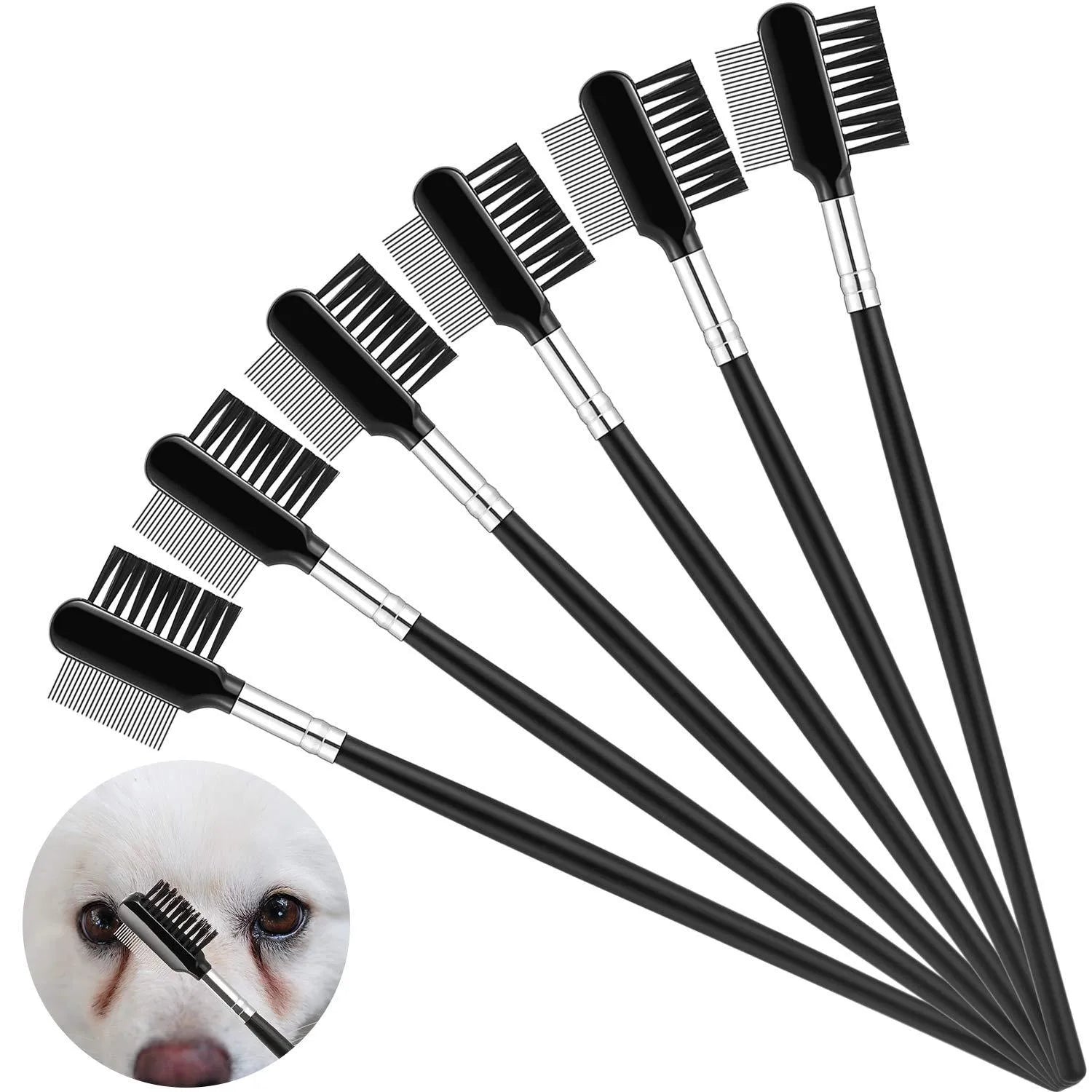 Double-head dog eye comb with black handle, steel teeth, and fibre side for tear stain removal