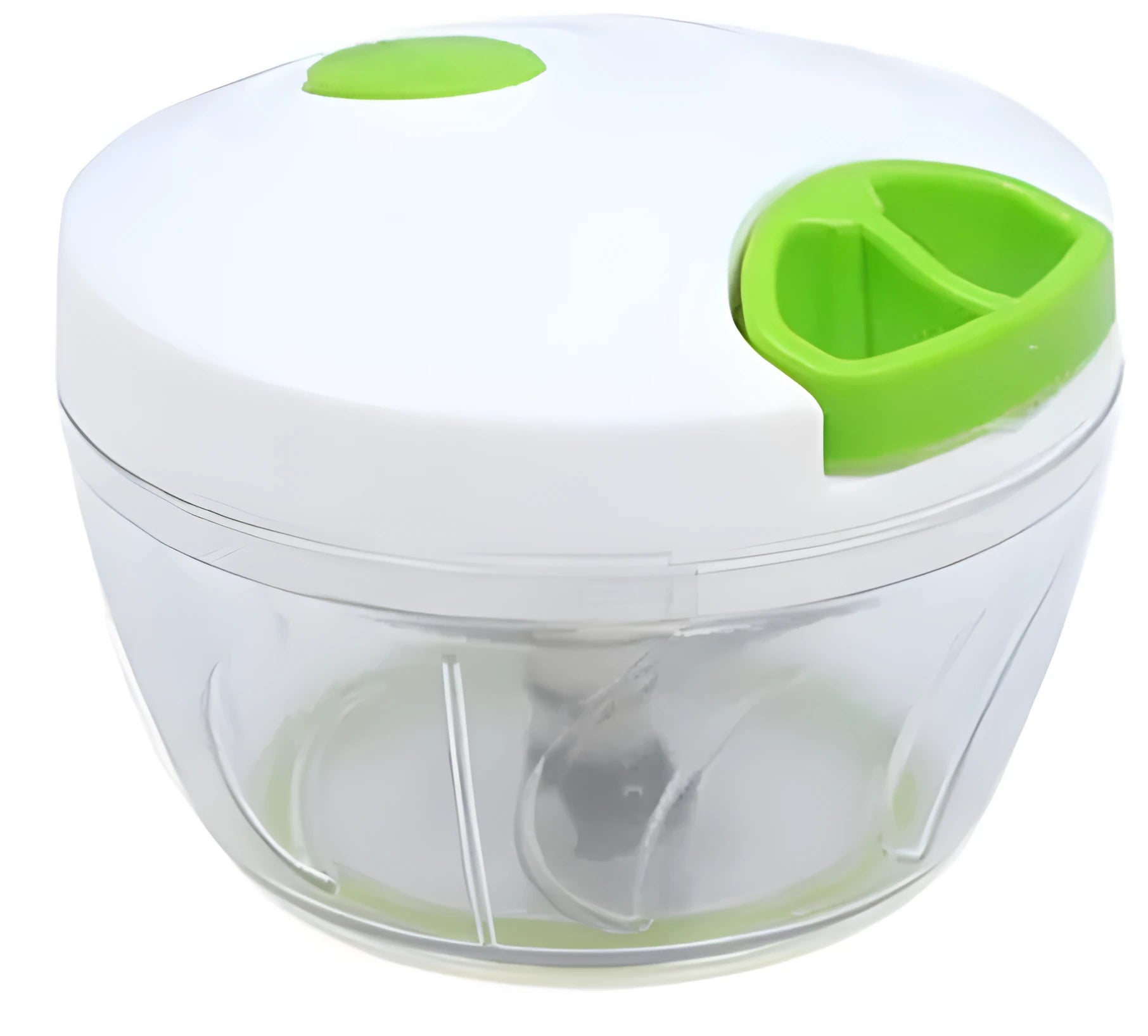 Green manual kitchen chopper with stainless steel blades and a clear lid, showing its compact size.