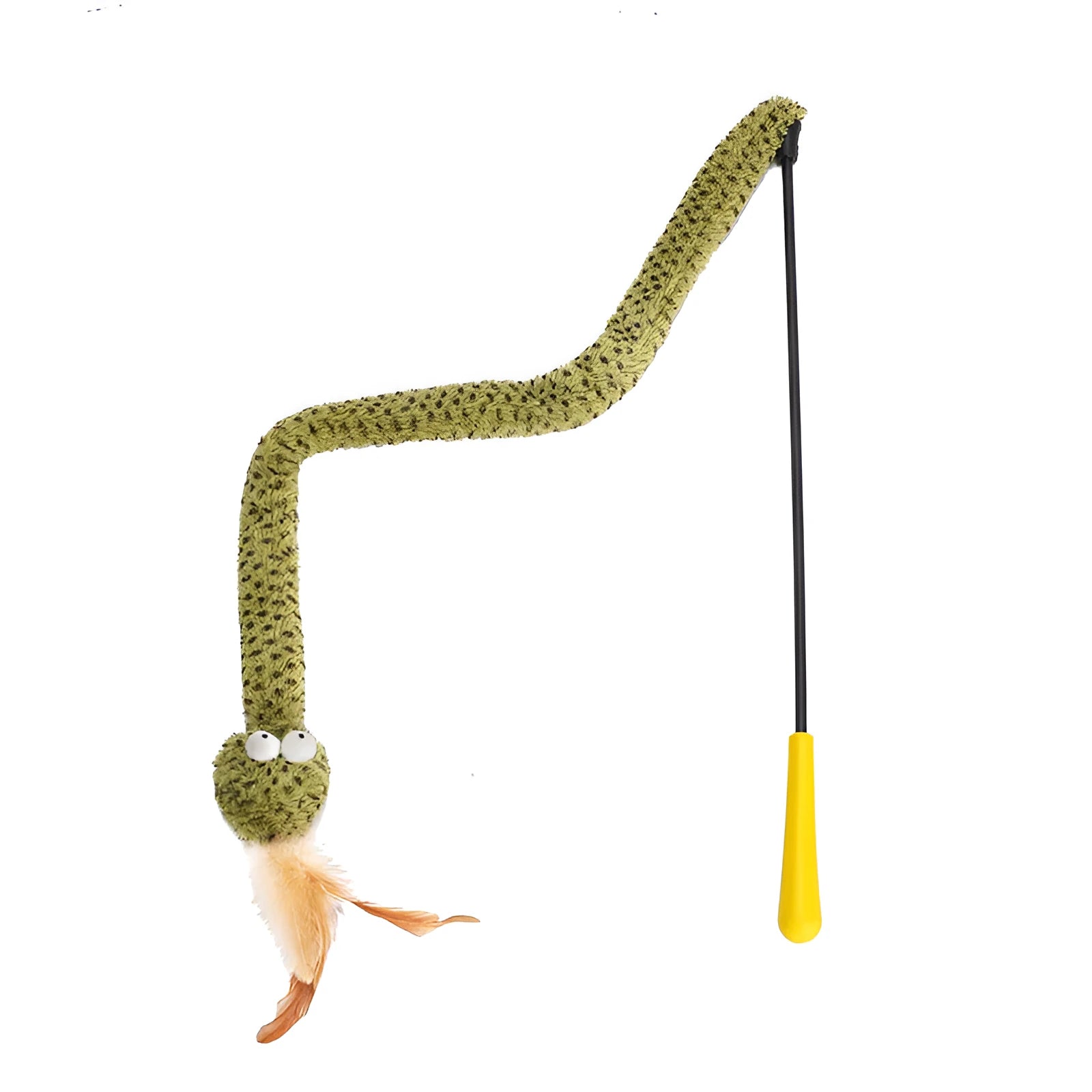 Green cat teasing stick with feather toy on a 140 cm long pole for interactive play.