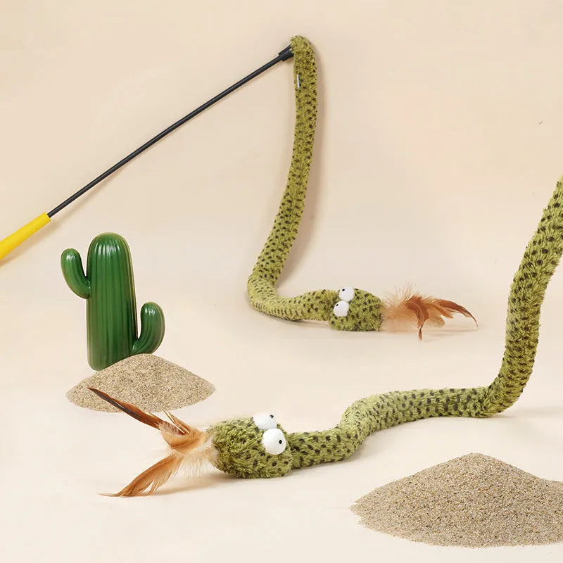 Green cat teasing stick with feather toy on a 140 cm long pole for interactive play.