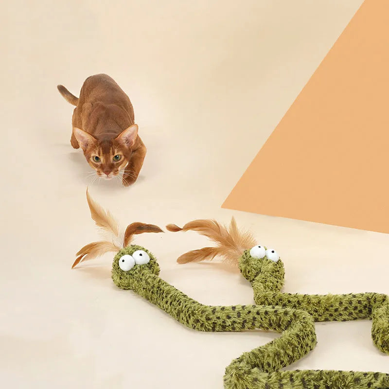 Green cat teasing stick with feather toy on a 140 cm long pole for interactive play.