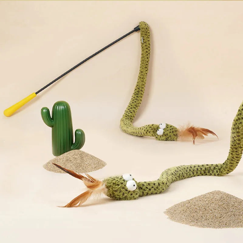 Green cat teasing stick with feather toy on a 140 cm long pole for interactive play.