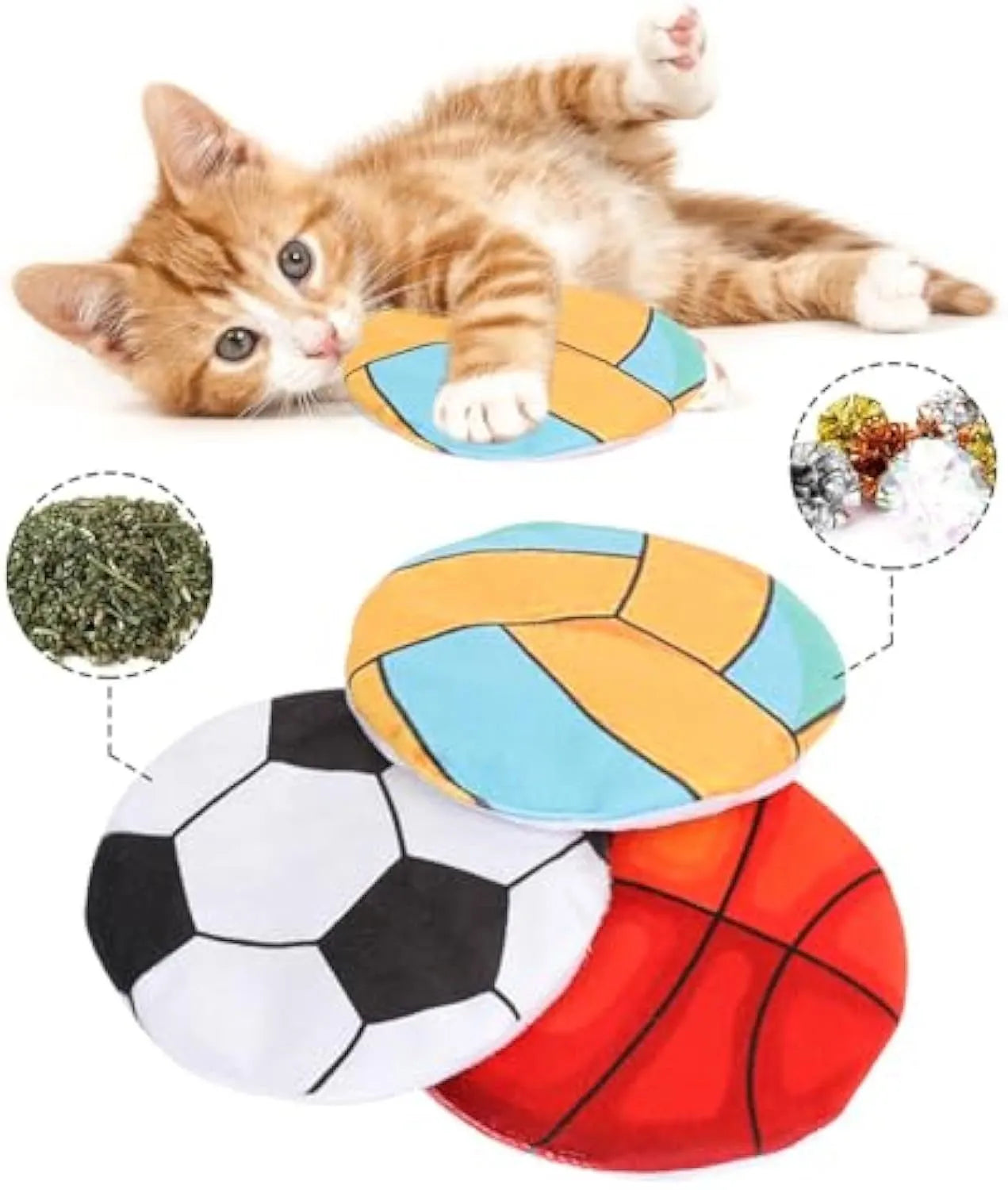 Plush disc cat toy with sports ball pattern containing catnip and crinkle layer