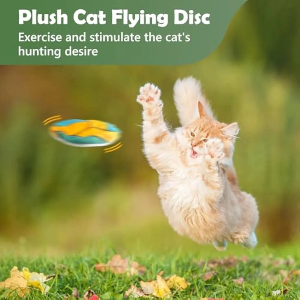 Plush disc cat toy with sports ball pattern containing catnip and crinkle layer