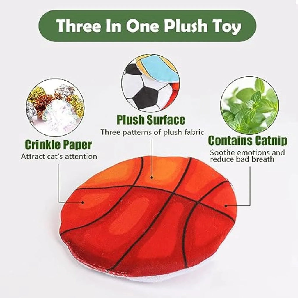 Plush disc cat toy with sports ball pattern containing catnip and crinkle layer