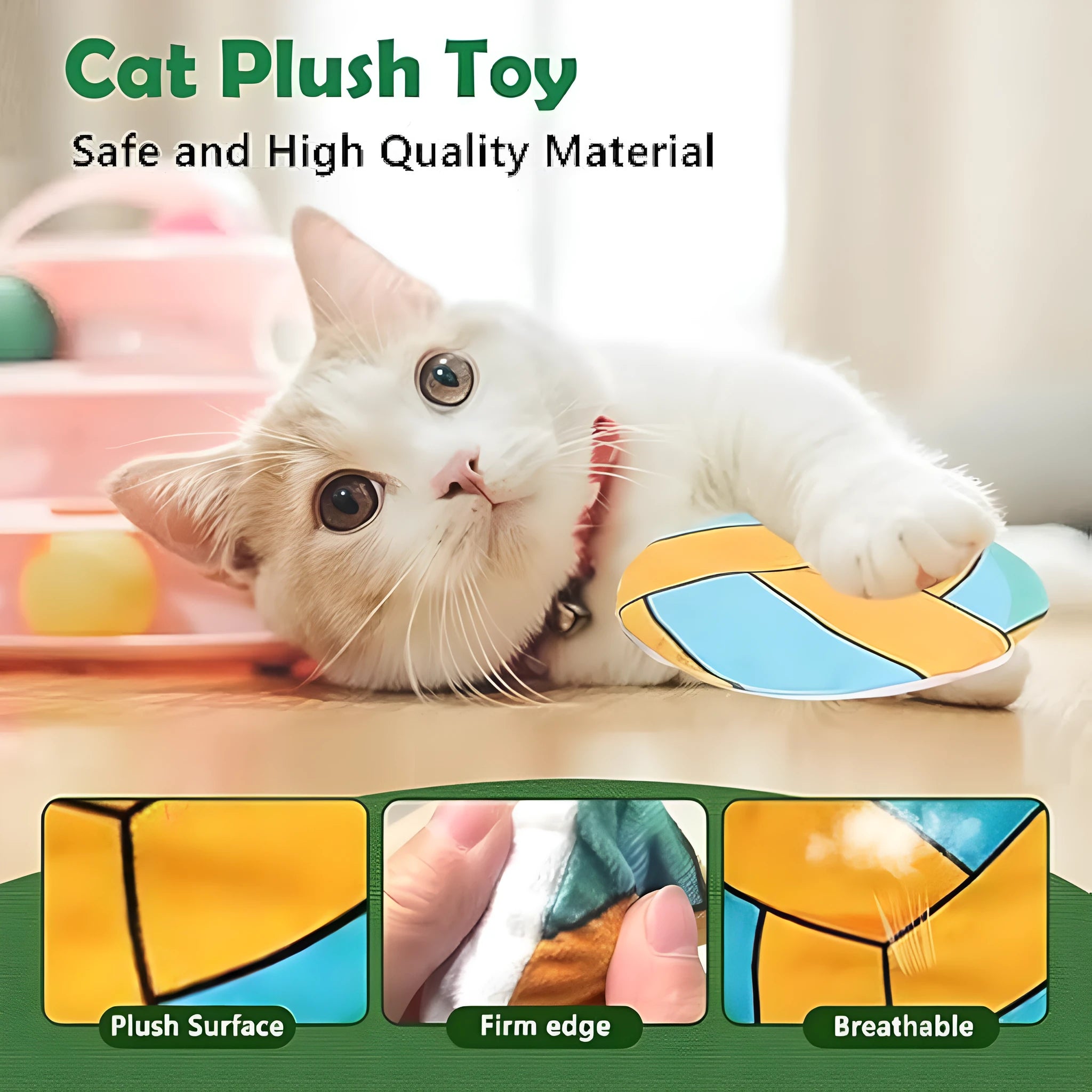 Plush disc cat toy with sports ball pattern containing catnip and crinkle layer