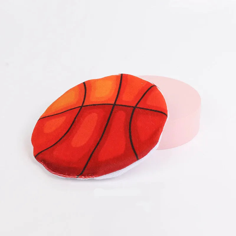 Plush disc cat toy with sports ball pattern containing catnip and crinkle layer