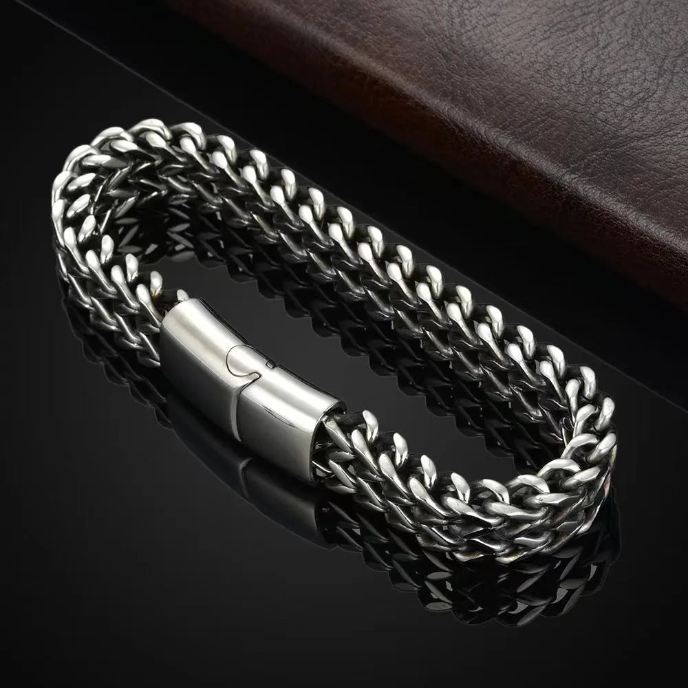 Silver geometric men's stainless steel bracelet showing front and back, with hip hop style.