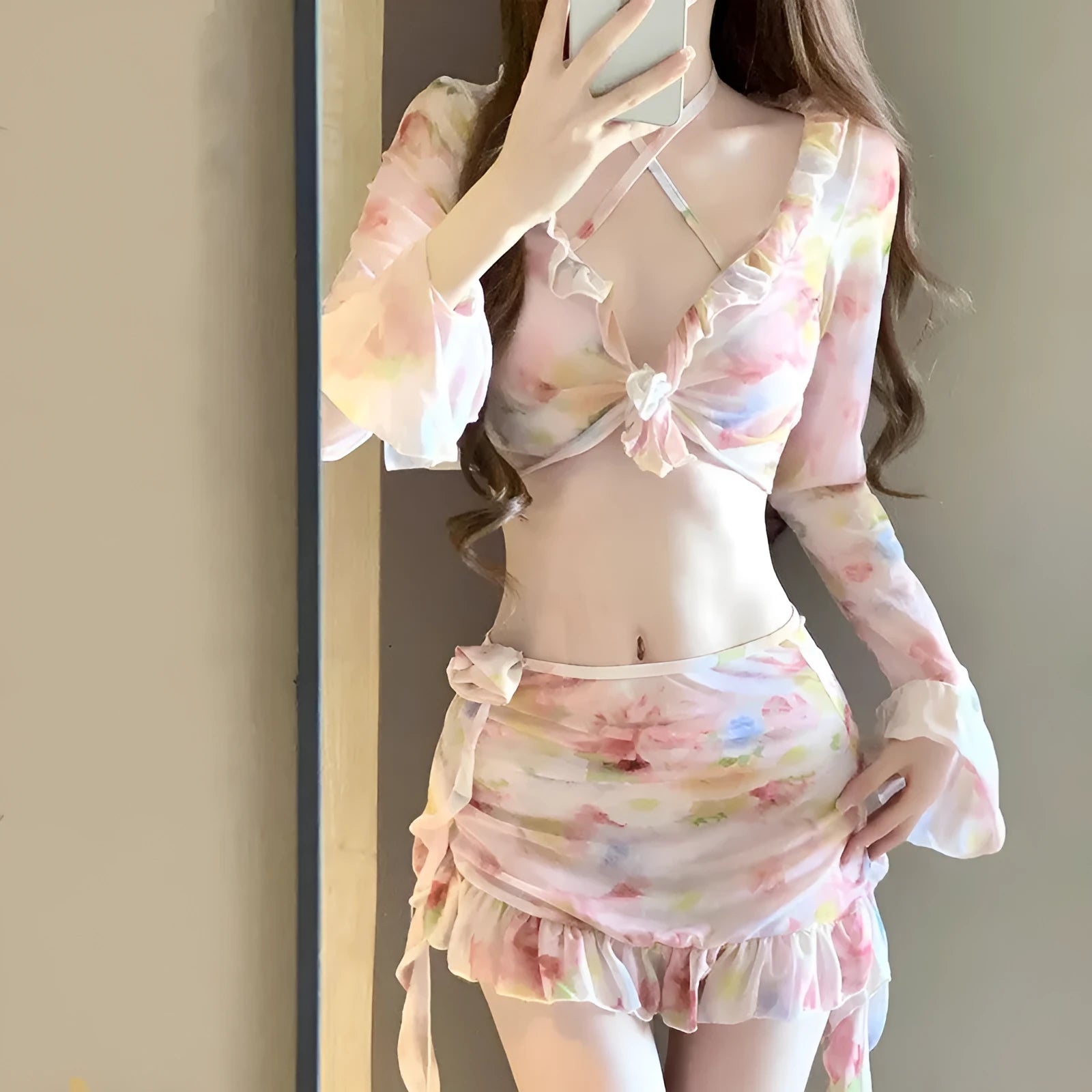 Women's floral bikini swimsuit set in cherry blossom pink colour.