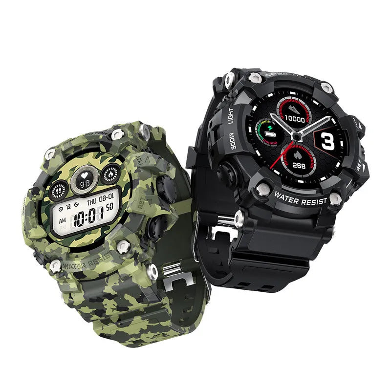 Black or green T6 tactical rugged smart watch on wrist with 1.3-inch screen and alloy case.