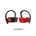 Black wireless Bluetooth earphone with ergonomic design showing LED indicator and button controls
