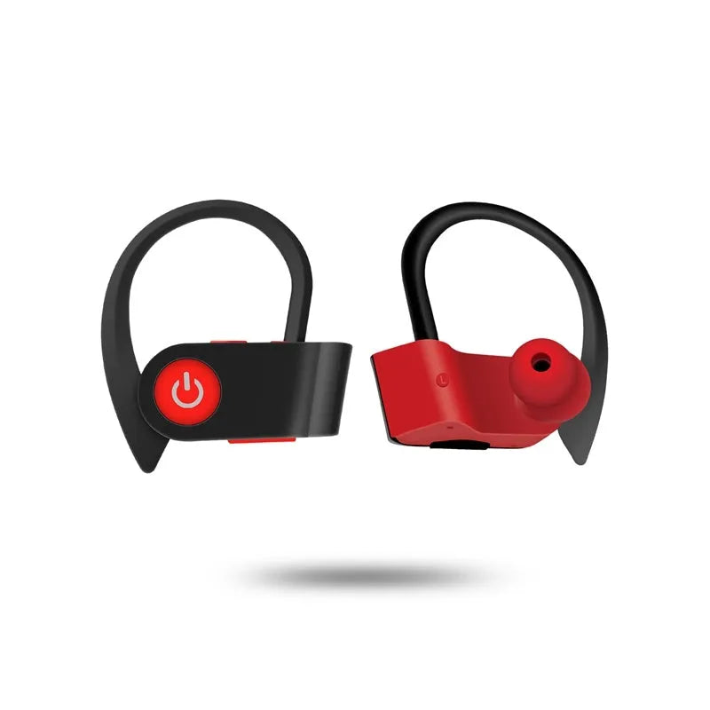 Black wireless Bluetooth earphone with ergonomic design showing LED indicator and button controls