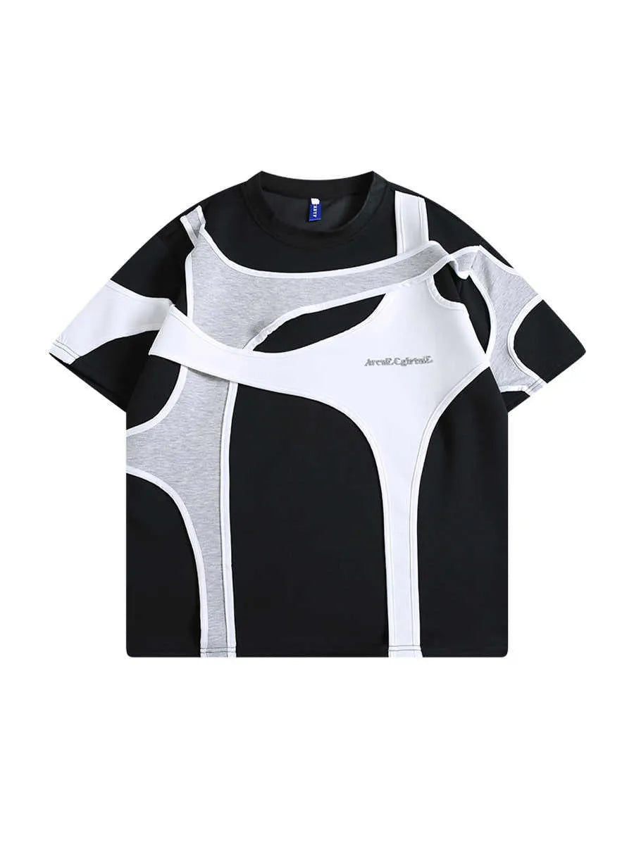 Men's black loose fit t-shirt with padded shoulder straps and short sleeves.