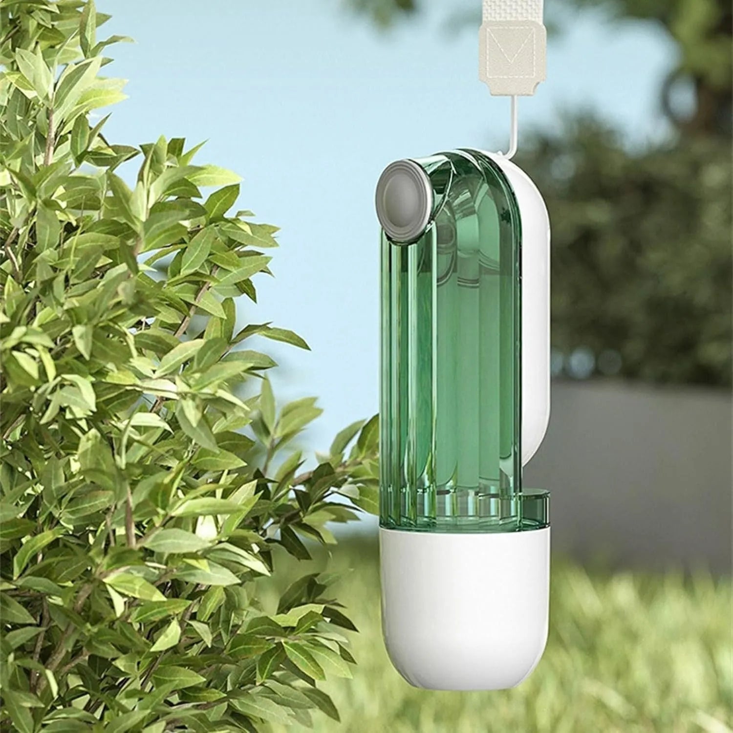 Beige foldable dog water bottle with food dispenser base, shown with dimensions.