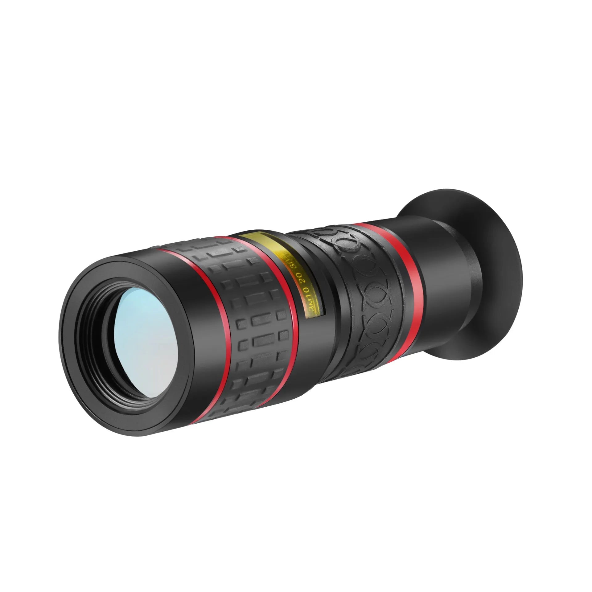 20x magnification mobile phone telescope with universal clip and eyepiece mask on a smartphone.