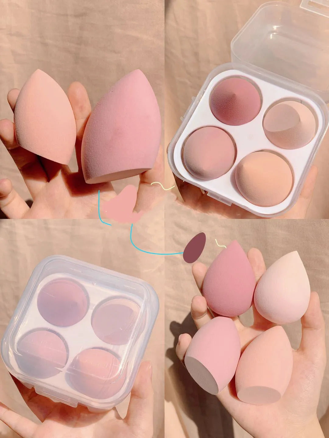 Four cosmetic sponge eggs in grape, mango, mint, and peach colours, each 6cm in size