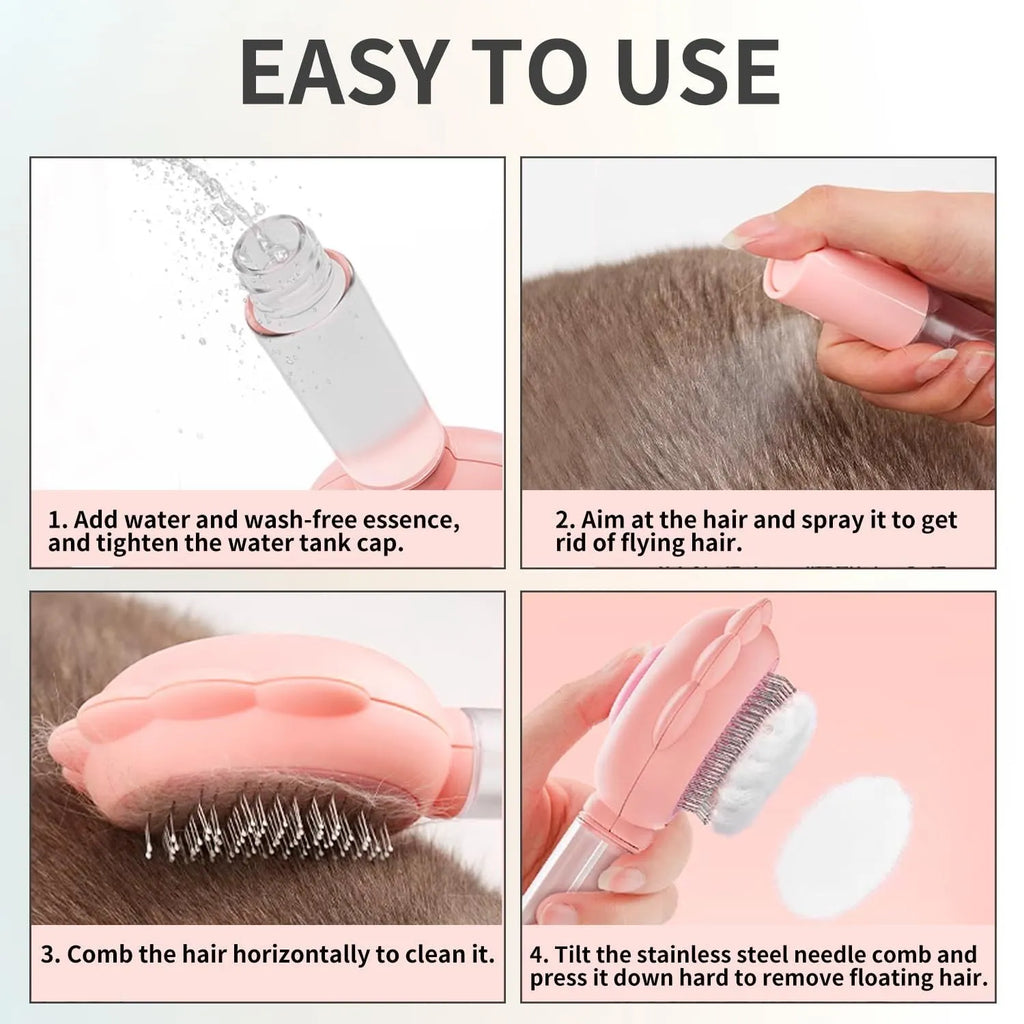 Grey spray cat grooming brush with self-cleaning button and water spray function.