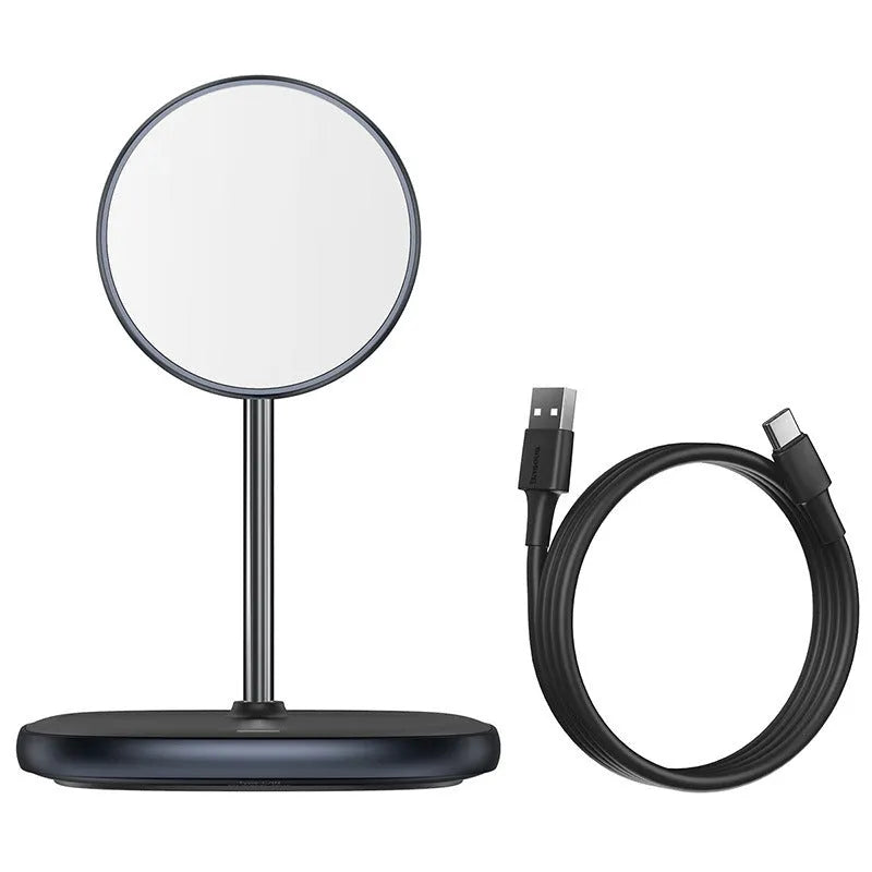 Black magnetic wireless charging stand holding iPhone 12 at angle with Type-C cable connected