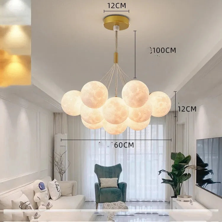 Nordic-style gold and black iron bedroom chandelier with moon bubble lights and PMMA lampshade