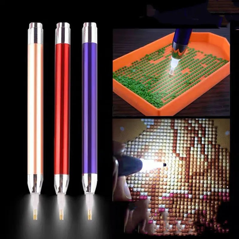 Aluminium alloy diamond painting drill pen with luminous tip in gold, red or blue colour options