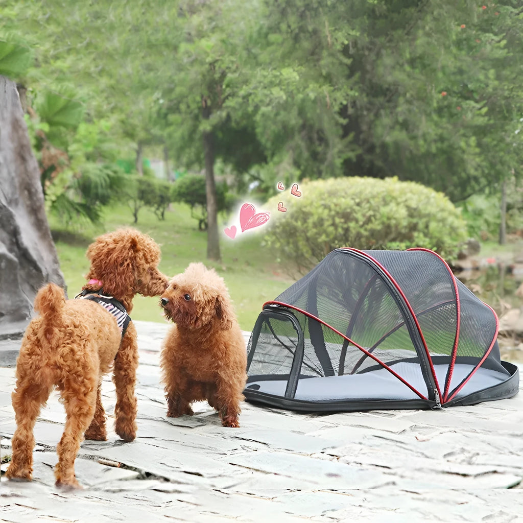 Black half mesh cat folding tent folded for storage with mesh ventilation panels visible