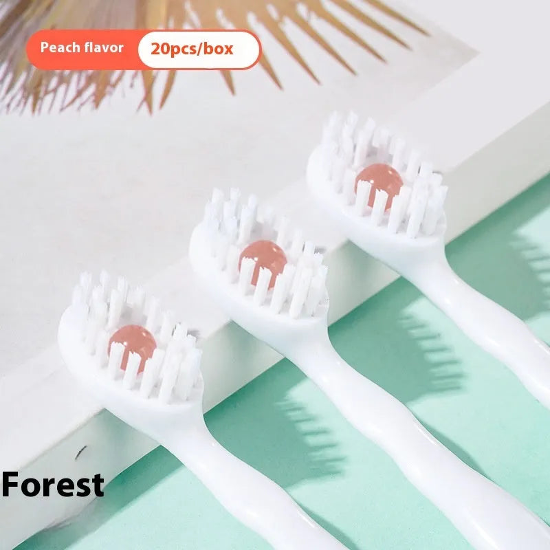 Box of 20 mint flavour disposable chewable bead toothbrushes for travel.