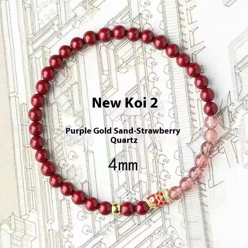 Purple cinnabar and strawberry quartz bead bracelet on adjustable cord for women