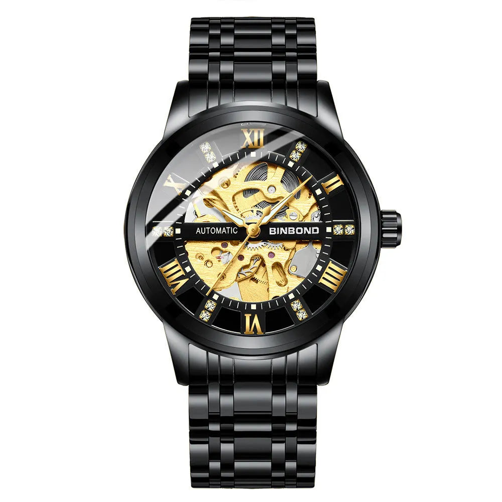Men's automatic mechanical watch with luminous display metal case black steel black surface