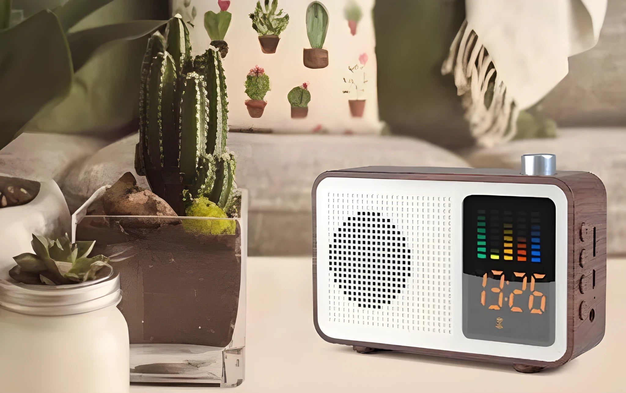 Brown retro Bluetooth radio speaker with wooden cabinet and classic control knobs