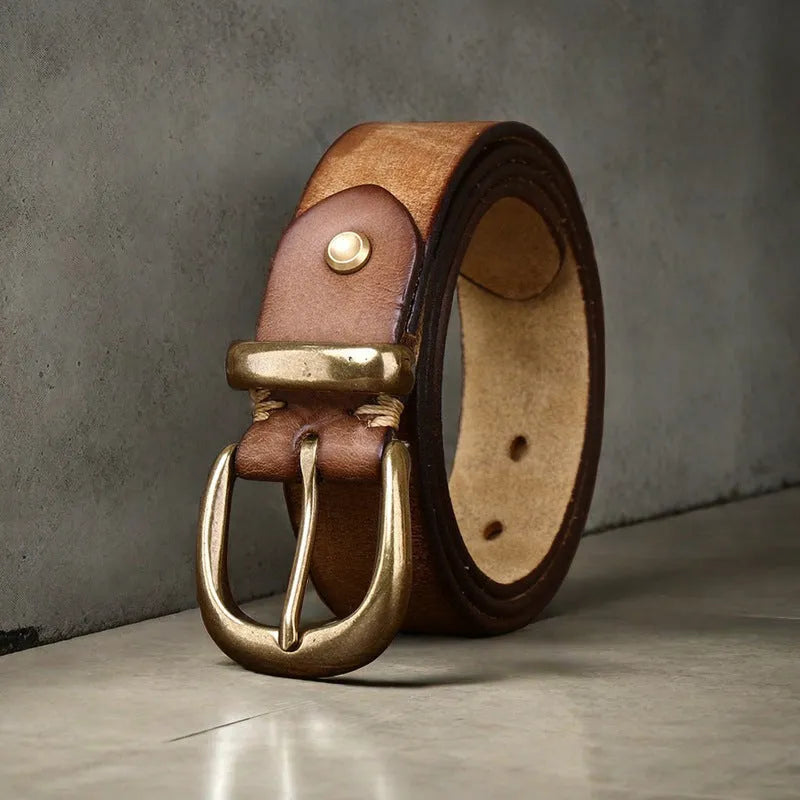 Genuine cowhide men's belt with copper buckle in black, brown, or khaki.