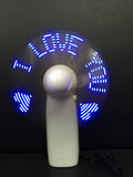 White handheld fan with LED flashing I love you pattern in blue and red colours