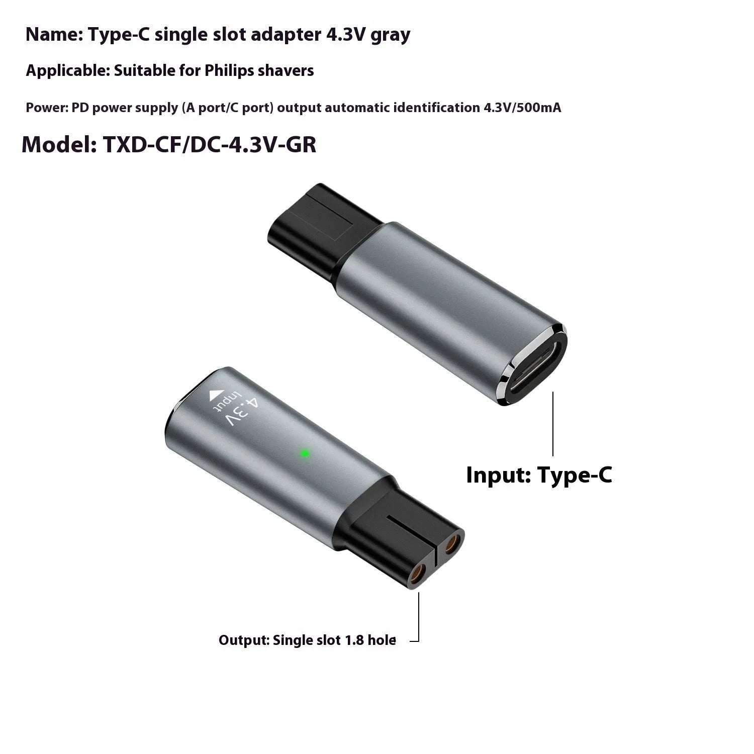 USB C charging adapter for electric shavers with aluminium alloy casing in black or grey