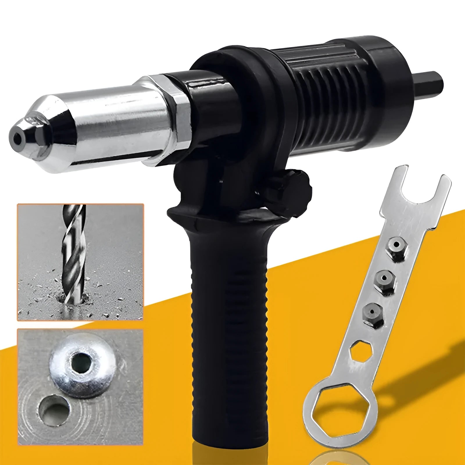 Black metal electric drill rivet gun attachment with alloy steel head, measuring 173mm long.