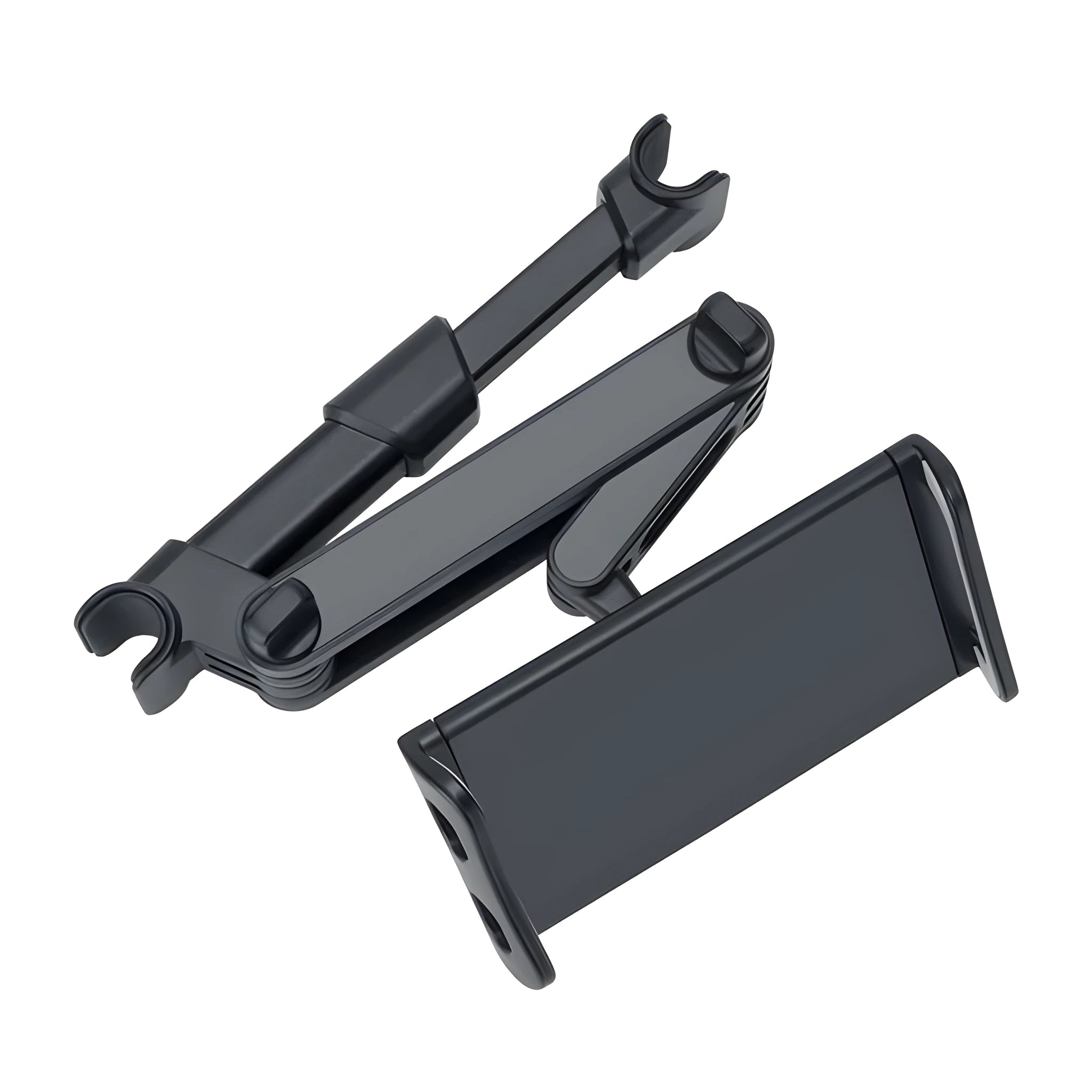 Black car phone holder mounted on vehicle rear seat for universal phone and tablet compatibility