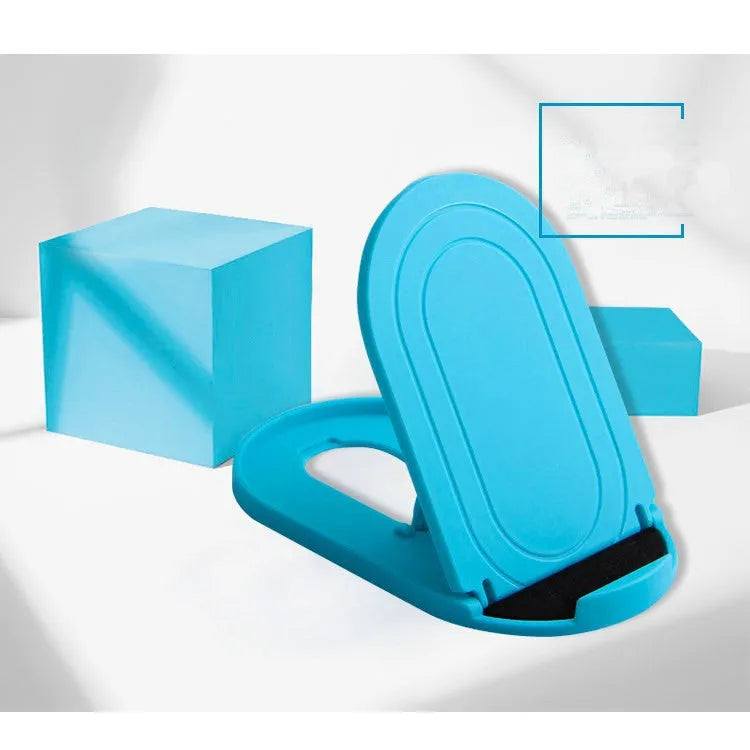 Plastic mobile phone stand with lazy bracket design in six colour options on a table.