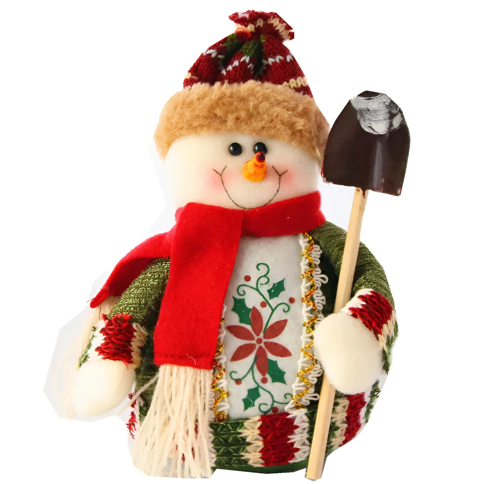 Flannel Christmas decorations set showing Snowman, Old Man, and Elk figures each measuring 18cm by 13cm in red, green, and white