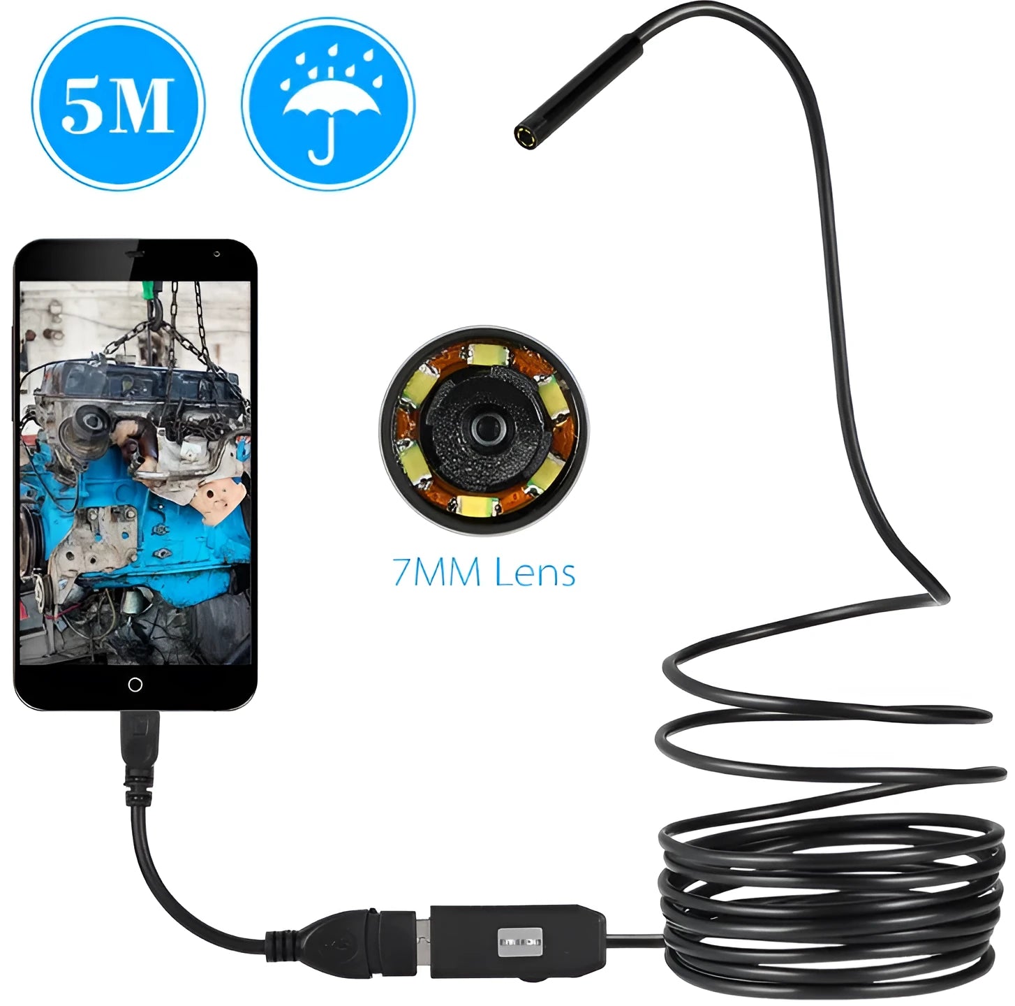 OWSOO USB endoscope camera with 5m cable, small hook, magnet, and side audition tools on a table.