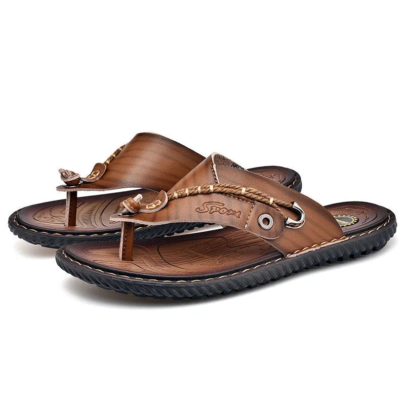Men's non-slip slippers with PU leather uppers in black, light brown, blue, and khaki colour options