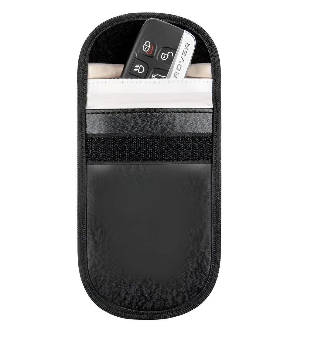Black microfiber RFID signal blocker bag measuring 13.5 by 9.5 centimetres