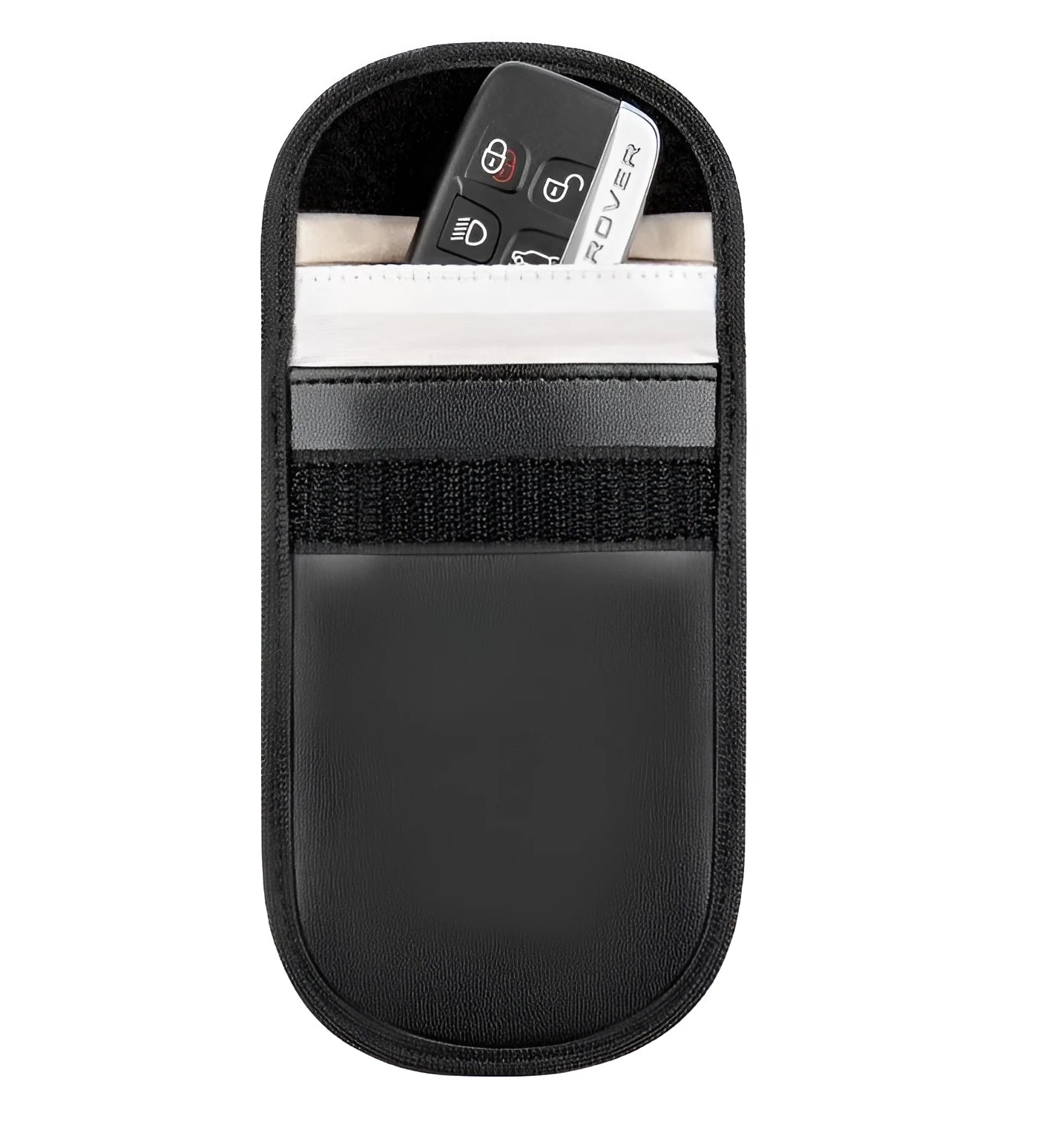 Black microfiber RFID signal blocker bag measuring 13.5 by 9.5 centimetres