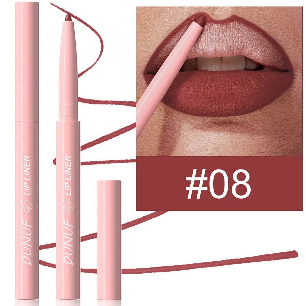 Velvet matte lip liner pencil in one of 12 available shades on a white background.