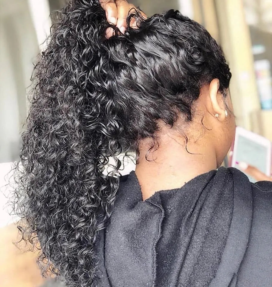 Jerry curly human hair lace front wig in medium length with half lace construction