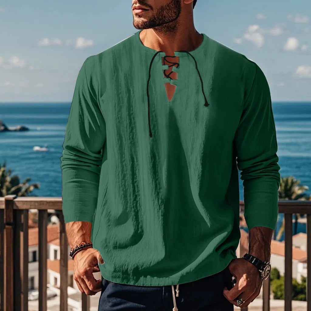 Men's solid colour cotton linen beach ruff pullover shirt in loose fit