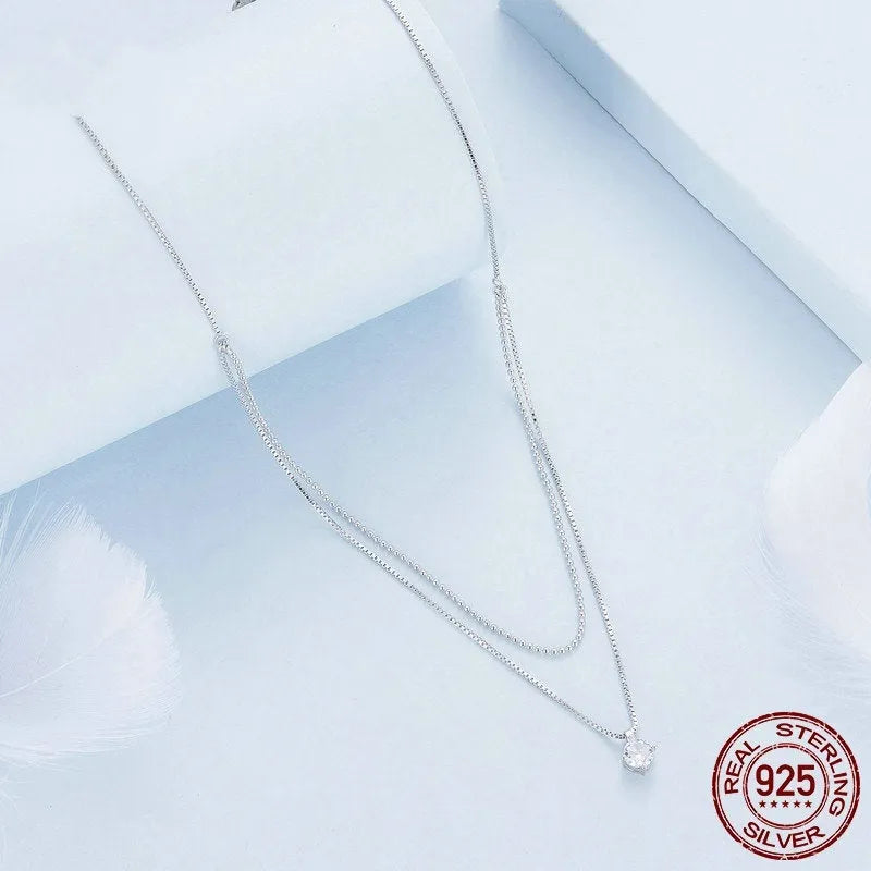 Women's silver double-layer necklace with pearl chain and matching pendant in S925 sterling silver