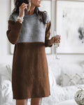 Brown women's polar fleece patchwork dress with loose round neck, long sleeves, and a princess-line skirt.